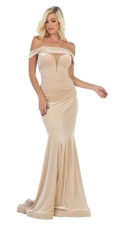 May Queen - MQ1592 Off-Shoulder Fitted Mermaid Evening Dress Special Occasion Dress 4 / Champagne