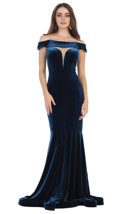 May Queen - MQ1592 Off-Shoulder Fitted Mermaid Evening Dress Special Occasion Dress 4 / Teal-Blue