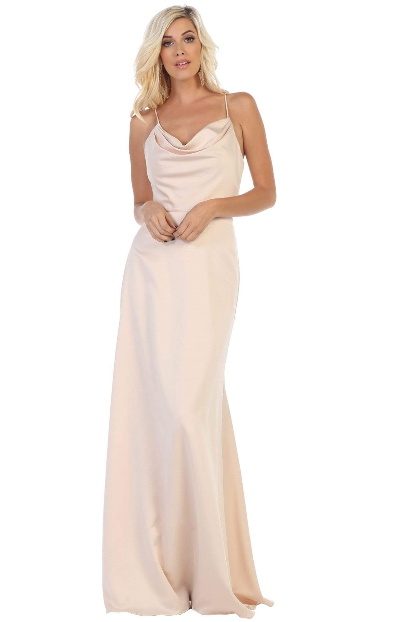 May Queen - MQ1594 Halter Neck Strappy Back Satin A-Line Gown Special Occasion Dress 2 / Champagne