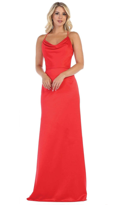 May Queen - MQ1594 Halter Neck Strappy Back Satin A-Line Gown Special Occasion Dress 2 / Red