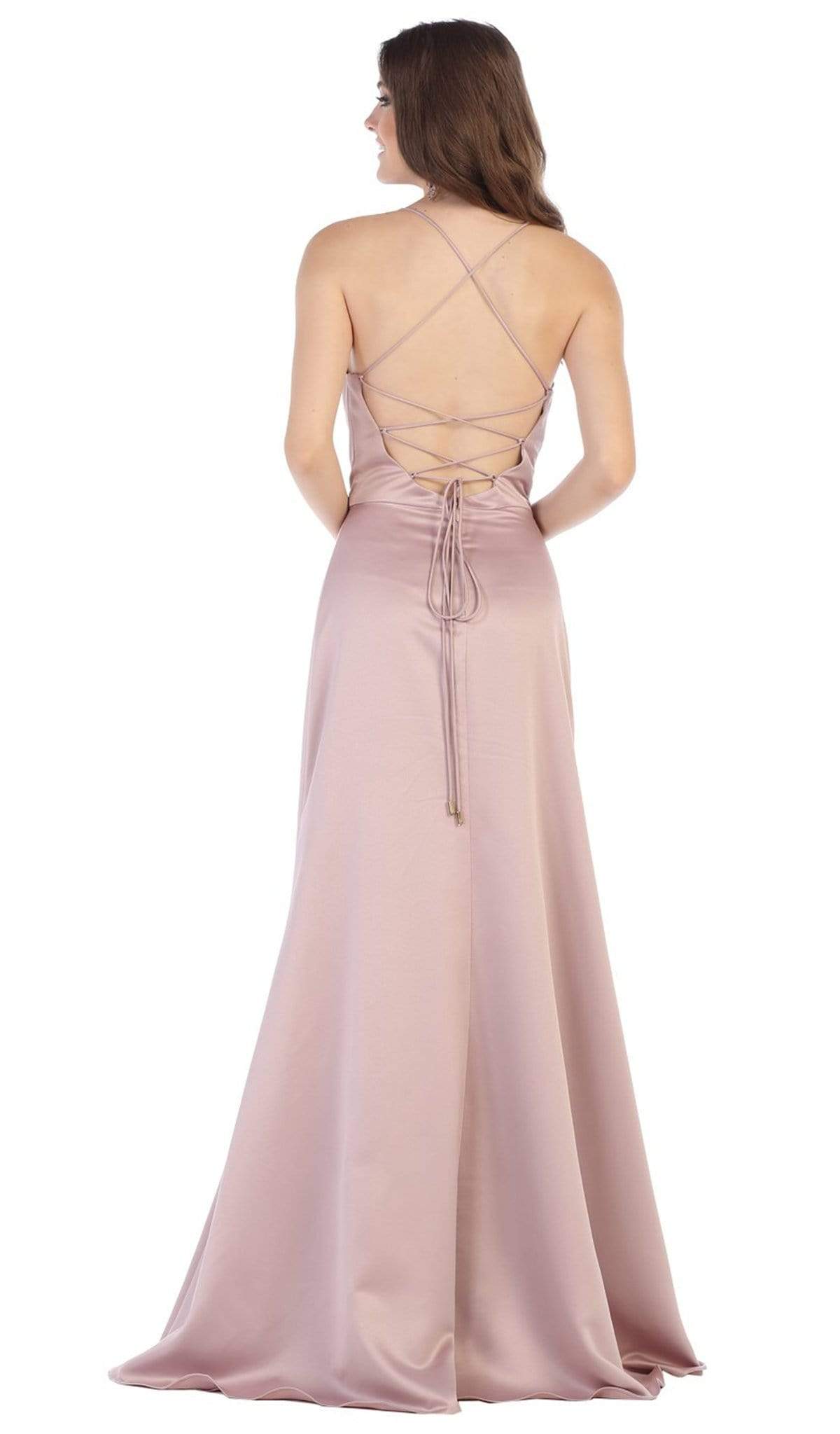 May Queen - MQ1594 Halter Neck Strappy Back Satin A-Line Gown Special Occasion Dress