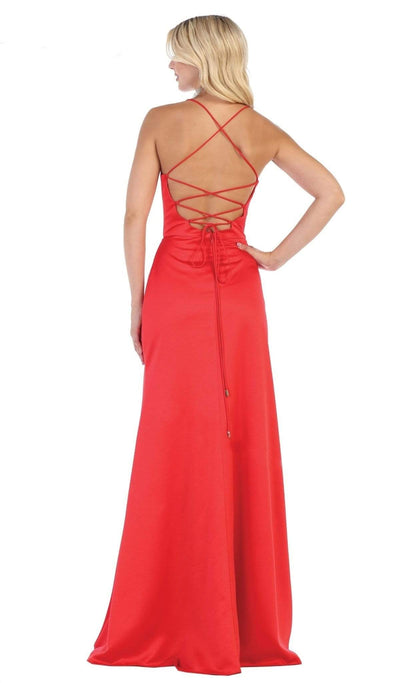 May Queen - MQ1594 Halter Neck Strappy Back Satin A-Line Gown Special Occasion Dress