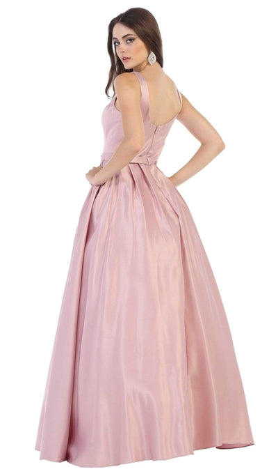 May Queen - MQ1595 Sleek V-Neck Adorned Waist A-Line Gown Bridesmaid Dresses
