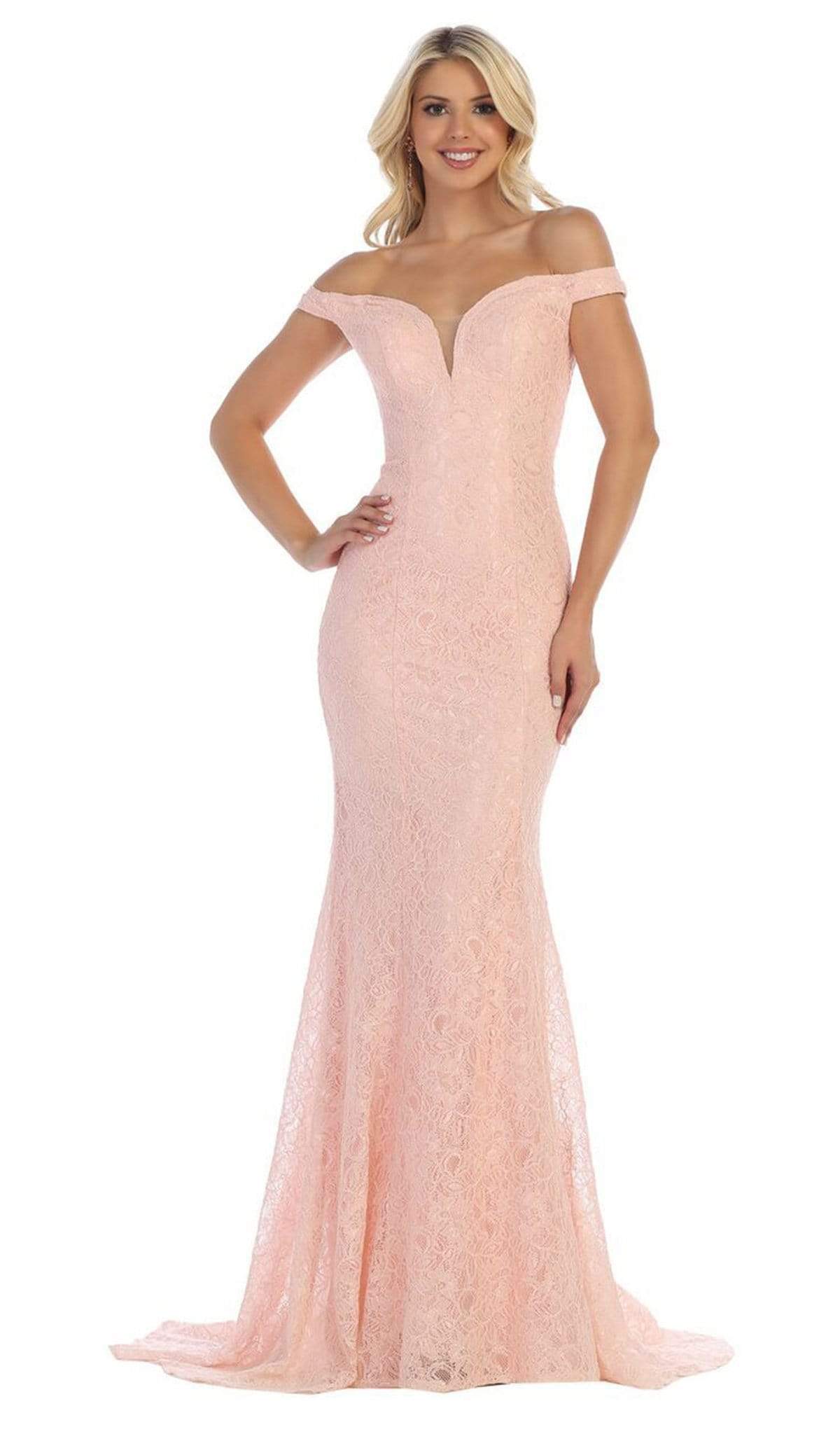 May Queen - MQ1596 Allover Lace Off Shoulder Lace Up back Mermaid Gown Bridesmaid Dresses 4 / Blush