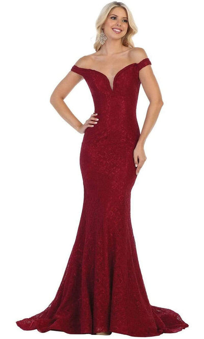May Queen - MQ1596 Allover Lace Off Shoulder Lace Up back Mermaid Gown Bridesmaid Dresses 4 / Burgundy