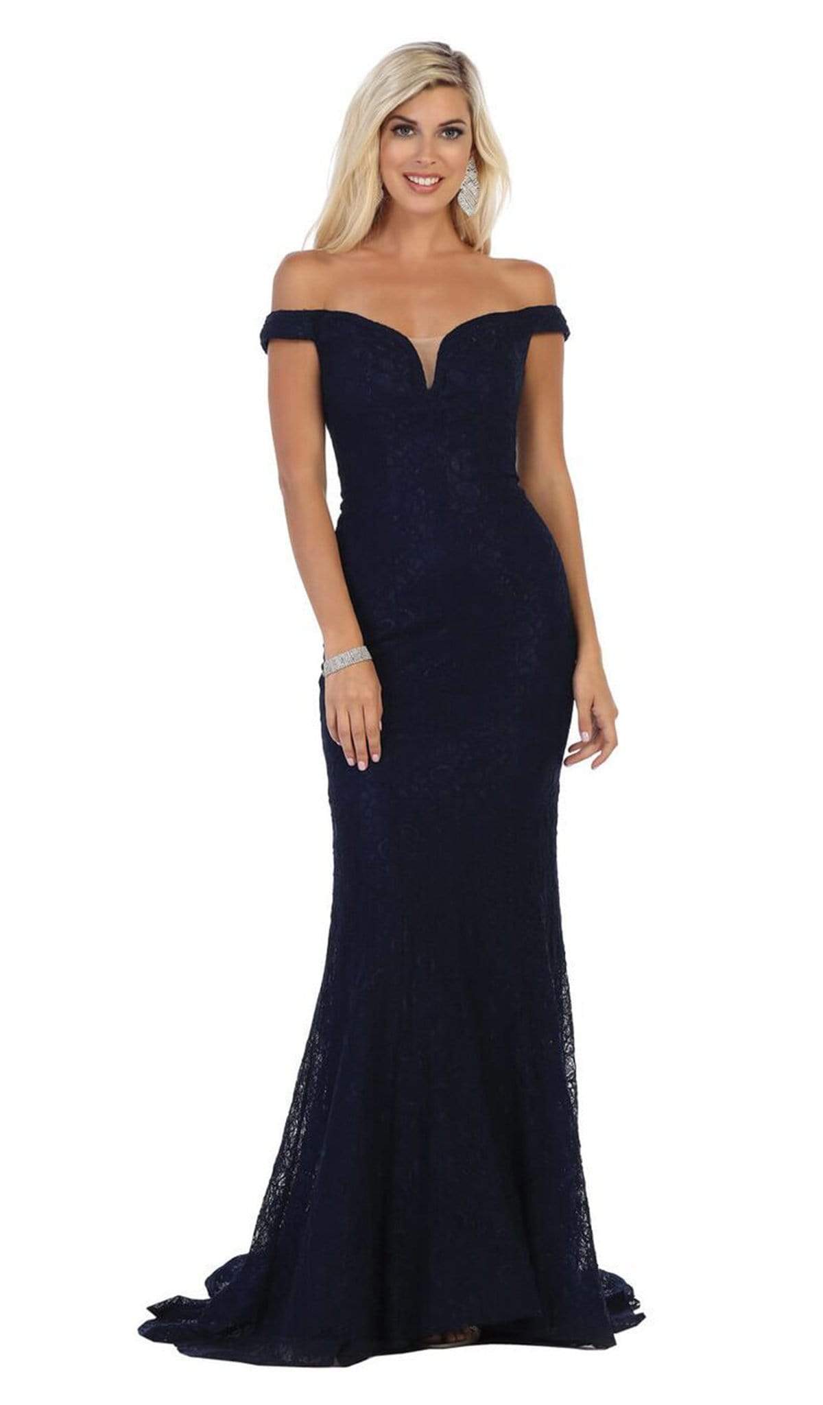 May Queen - MQ1596 Allover Lace Off Shoulder Lace Up back Mermaid Gown Bridesmaid Dresses 4 / Navy