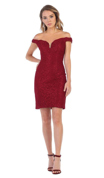 May Queen - MQ1597 Lace Deep Off-Shoulder Sheath Dress Cocktail Dresses 4 / Burgundy