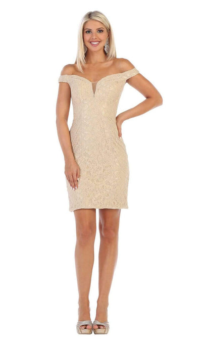 May Queen - MQ1597 Lace Deep Off-Shoulder Sheath Dress Cocktail Dresses 4 / Champagne
