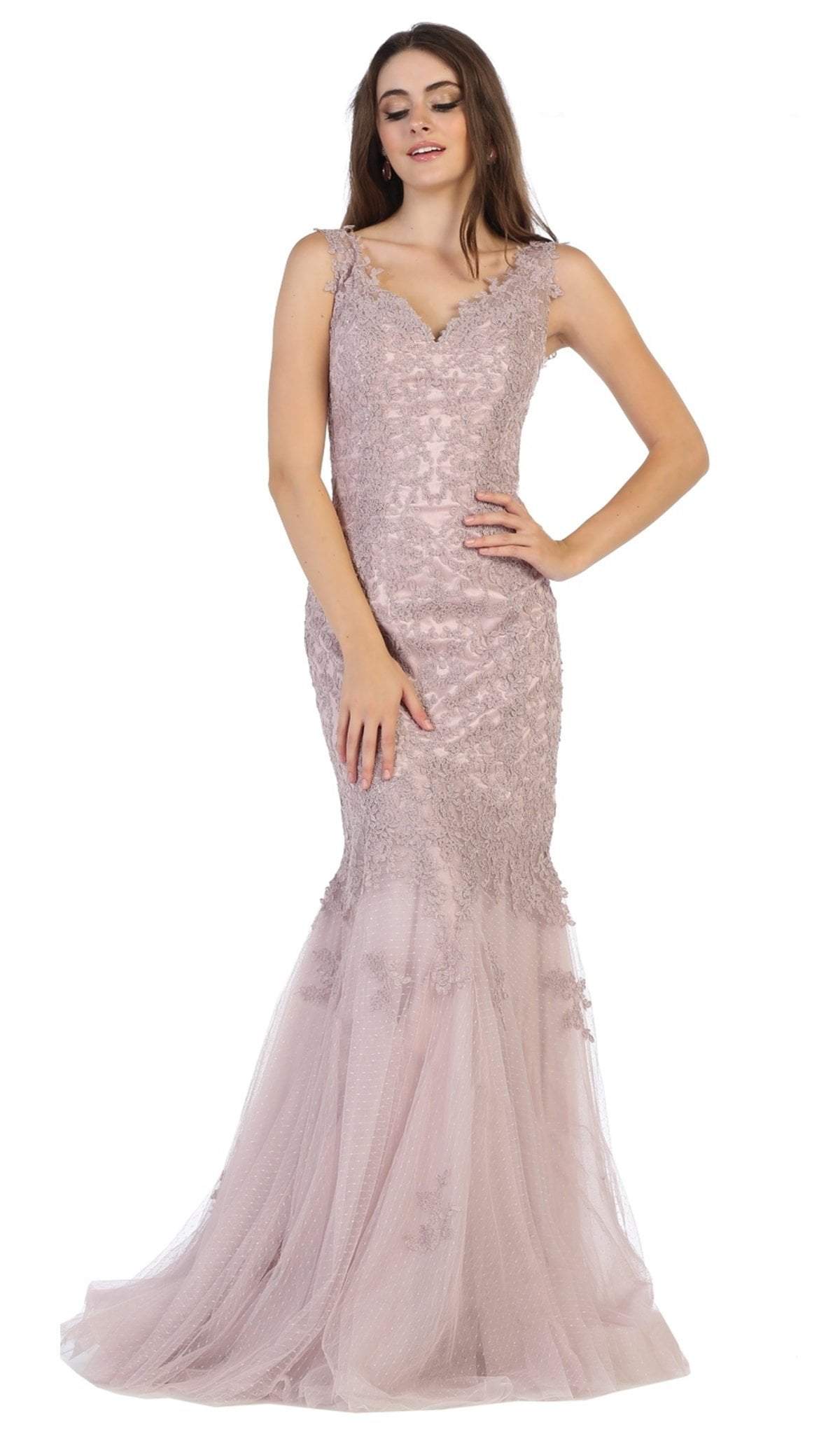 May Queen - MQ1598 Embroidered V-neck Mermaid Dress With Train Bridesmaid Dresses 4 / Mauve