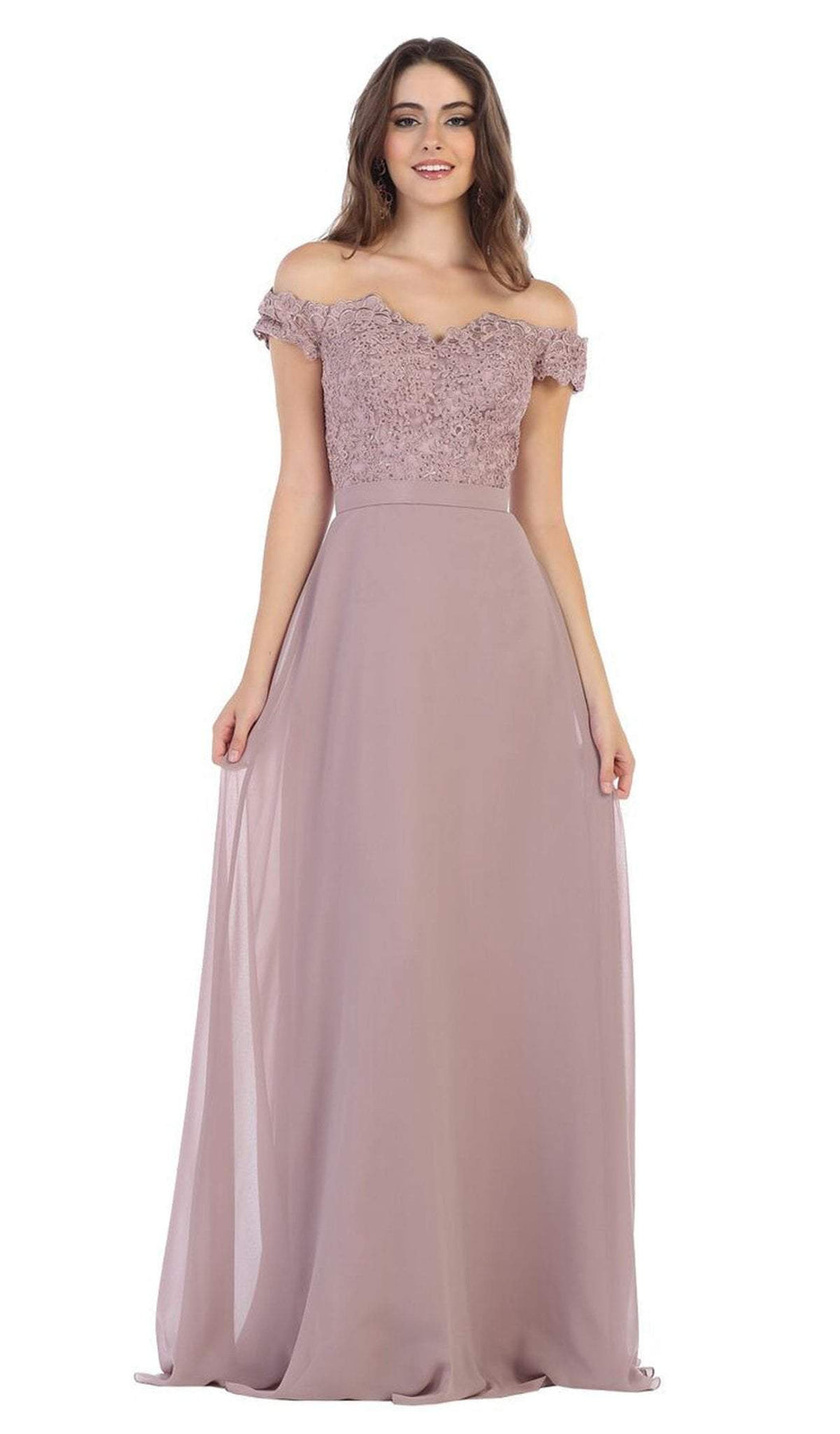 May Queen - MQ1601 Lace Appliqued Chiffon Off Shoulder Formal Gown Bridesmaid Dresses 4 / Mauve