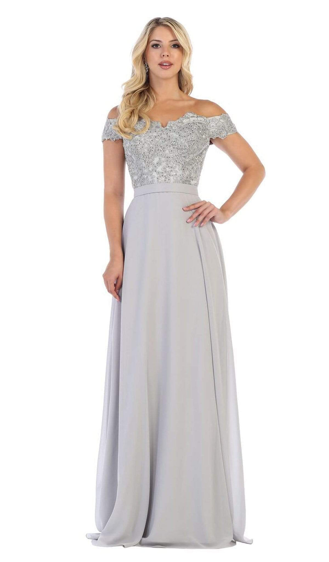 May Queen - MQ1601 Lace Appliqued Chiffon Off Shoulder Formal Gown Bridesmaid Dresses 4 / Silver