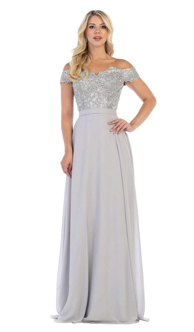 May Queen - MQ1601 Lace Appliqued Chiffon Off Shoulder Formal Gown Bridesmaid Dresses 4 / Silver