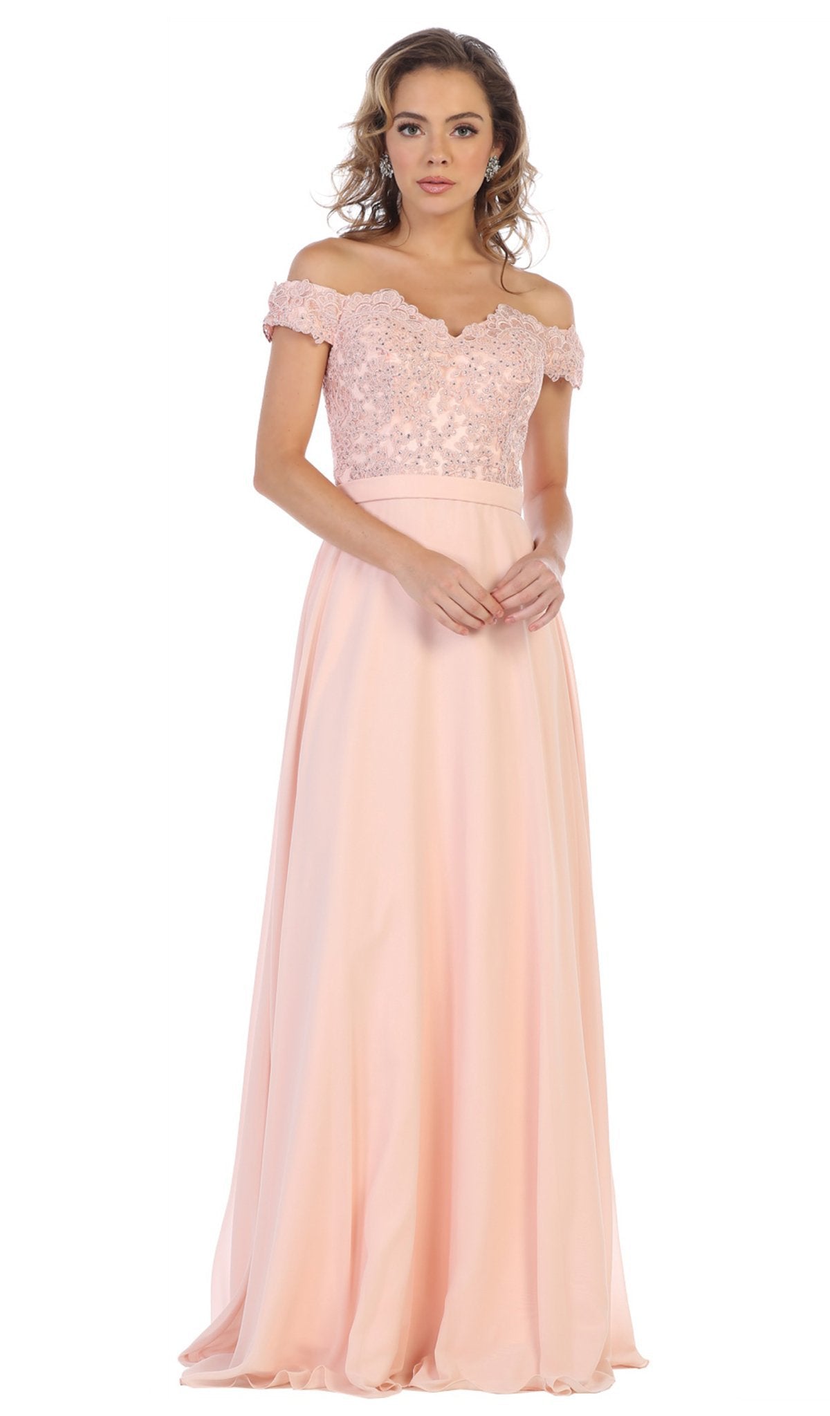 May Queen - MQ1601B Applique Off-Shoulder A-line Gown Special Occasion Dress 6XL / Blush