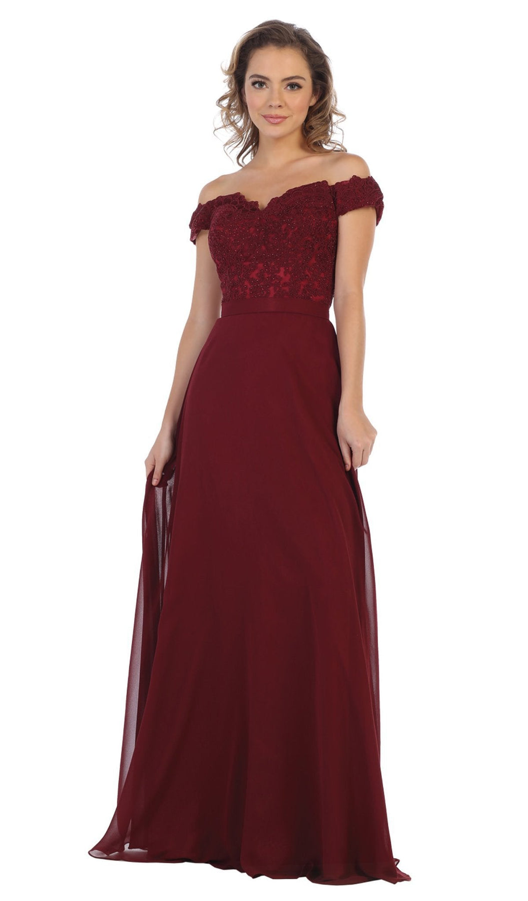 May Queen - MQ1601B Applique Off-Shoulder A-line Gown Special Occasion Dress 6XL / Burgundy