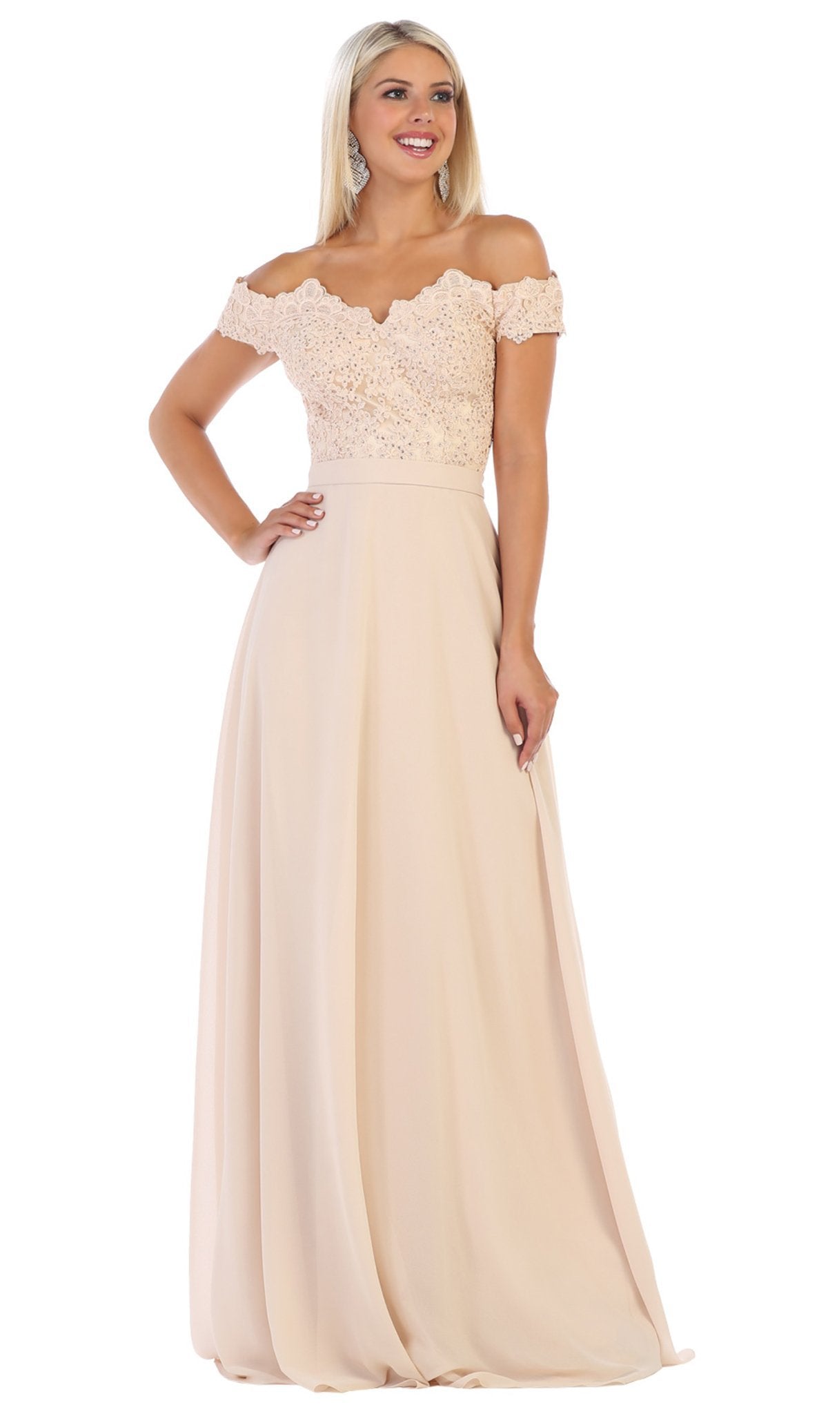 May Queen - MQ1601B Applique Off-Shoulder A-line Gown Special Occasion Dress 6XL / Champagne