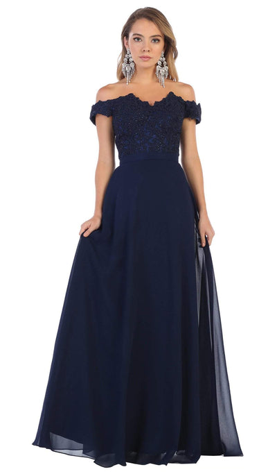 May Queen - MQ1601B Applique Off-Shoulder A-line Gown Special Occasion Dress 6XL / Navy
