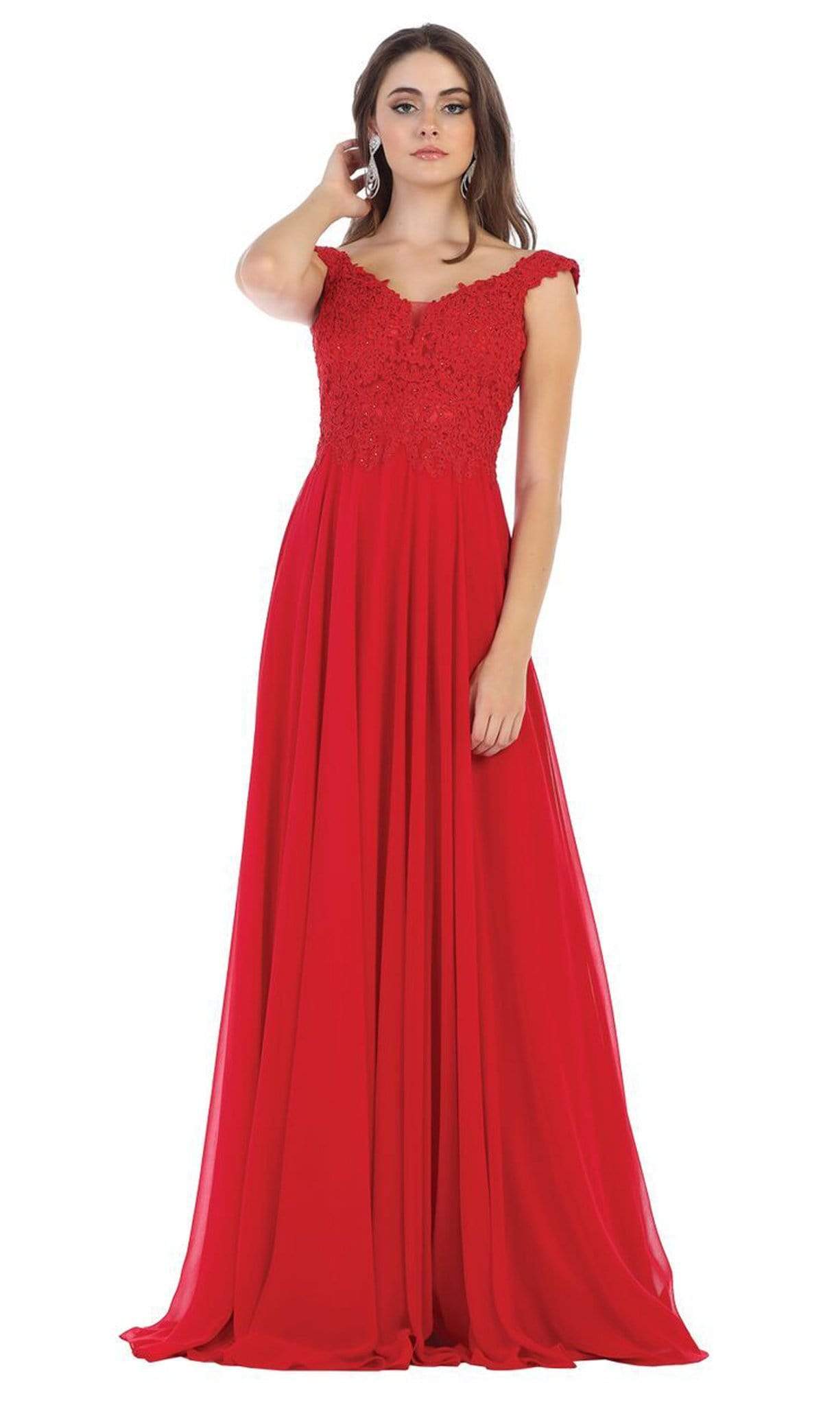 May Queen - MQ1602 V Neck Lace Applique Chiffon Long Formal Dress Formal Gowns 2 / Red