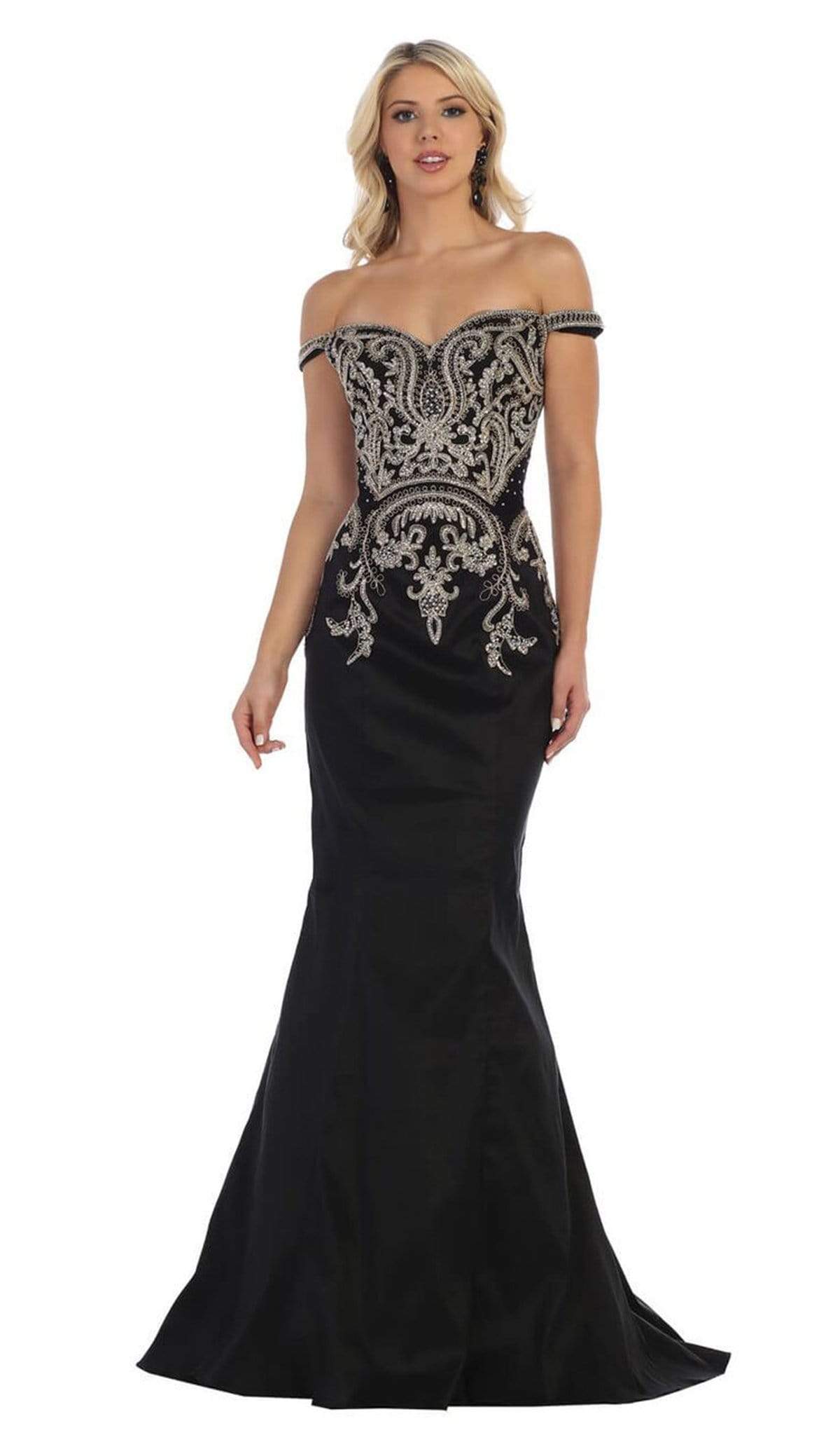 May Queen - MQ1609 Metallic Lace Appliqued Trumpet Gown Bridesmaid Dresses 4 / Black
