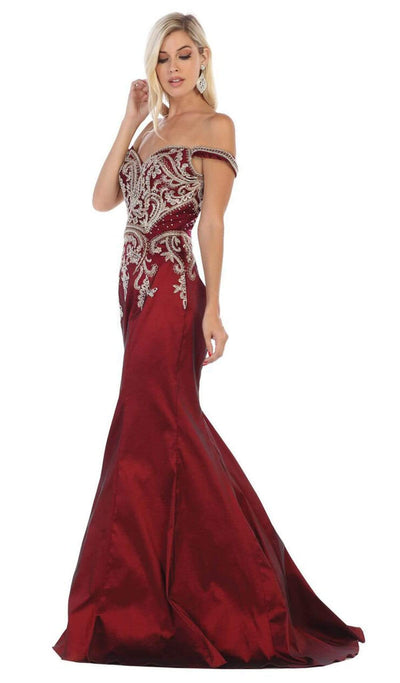 May Queen - MQ1609 Metallic Lace Appliqued Trumpet Gown Bridesmaid Dresses 4 / Burgundy