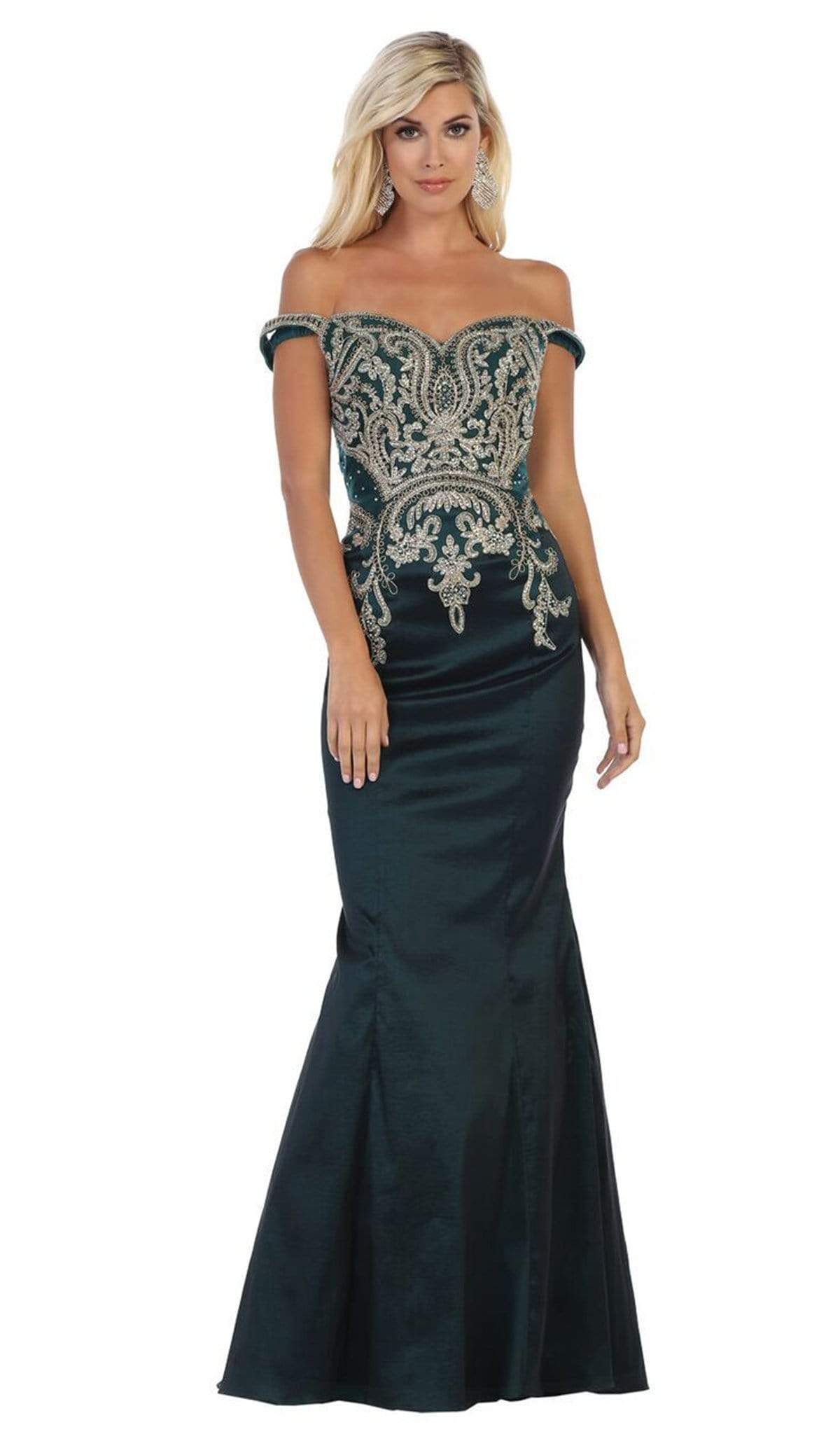 May Queen - MQ1609 Metallic Lace Appliqued Trumpet Gown Bridesmaid Dresses 4 / Hunter Green