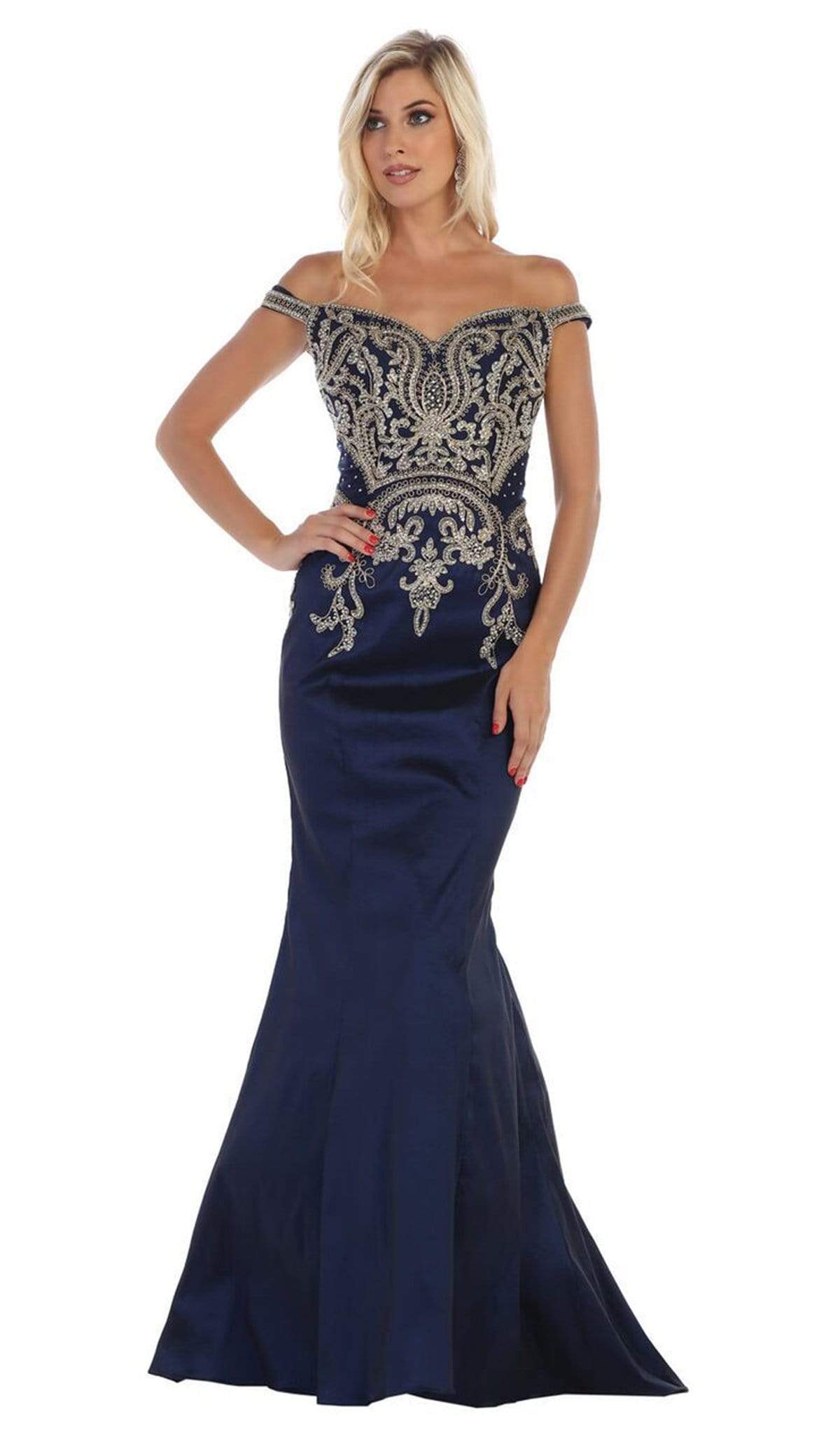 May Queen - MQ1609 Metallic Lace Appliqued Trumpet Gown Bridesmaid Dresses 4 / Navy