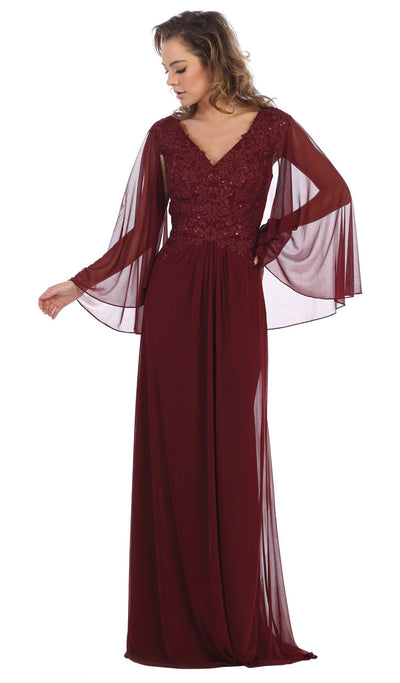 May Queen - MQ1612B Applique V-neck Long Sheath Dress Special Occasion Dress 6XL / Burgundy