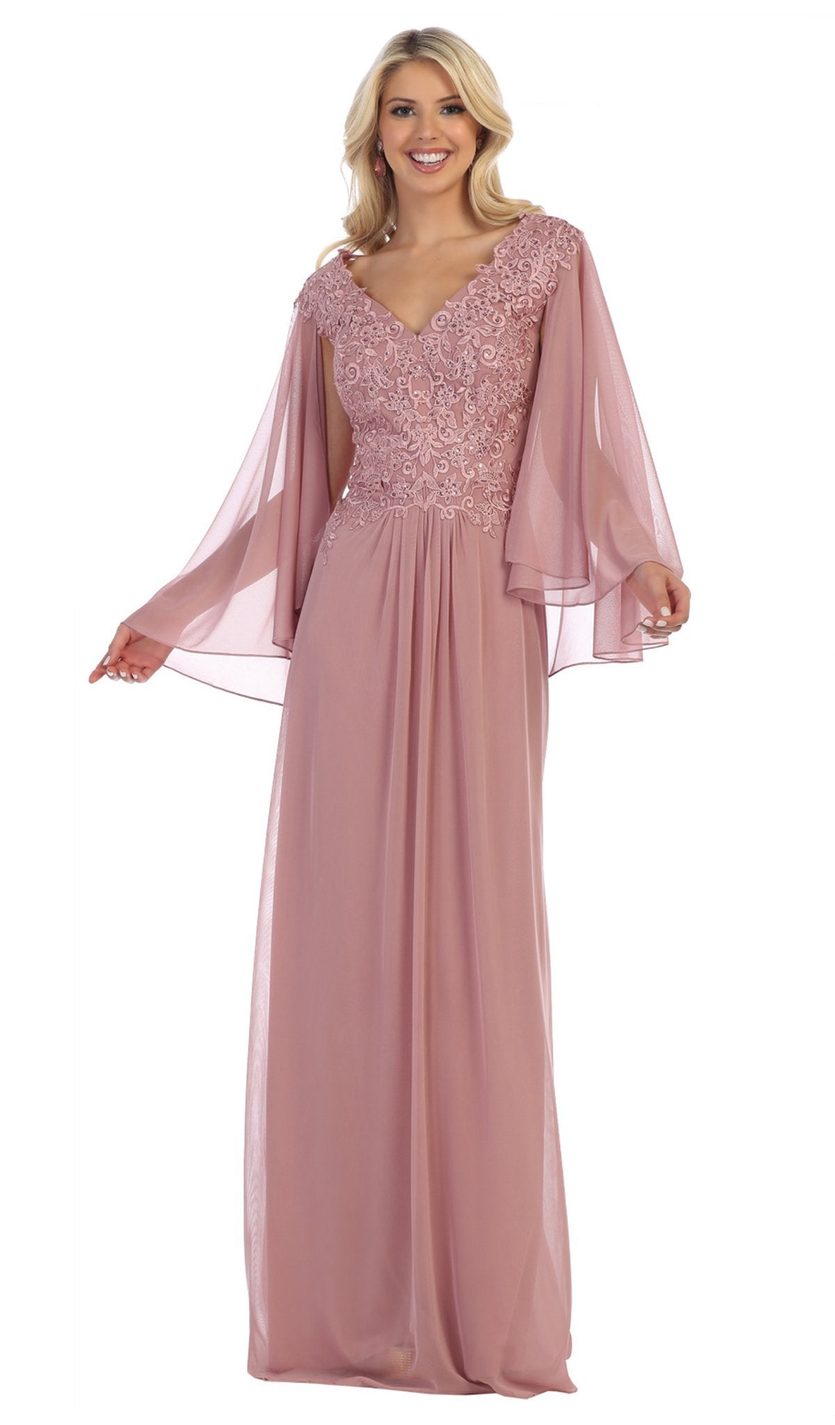 May Queen - MQ1612B Applique V-neck Long Sheath Dress Special Occasion Dress 6XL / Dusty-Rose