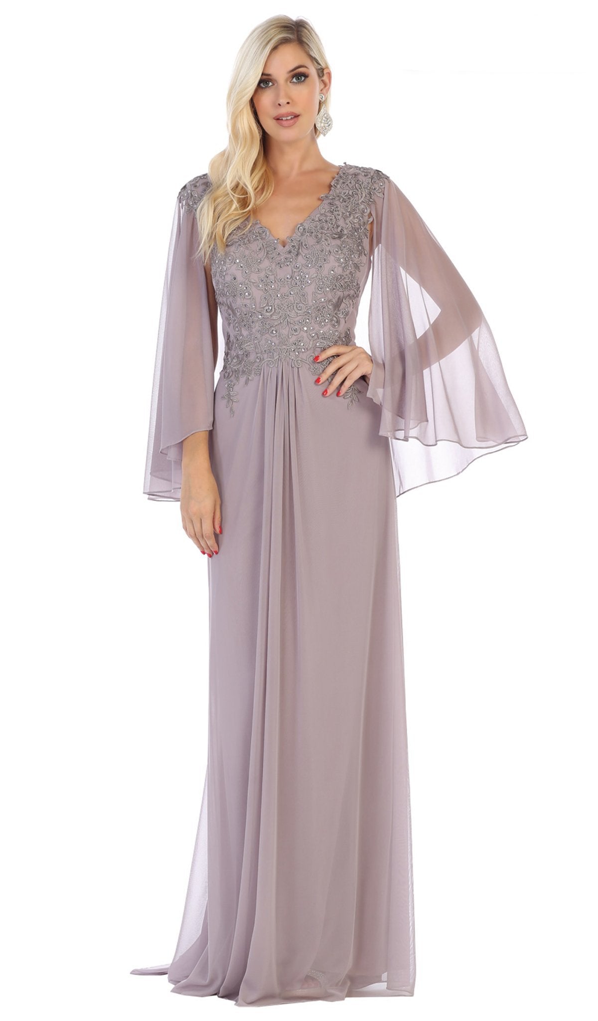 May Queen - MQ1612B Applique V-neck Long Sheath Dress Special Occasion Dress 6XL / Mauve