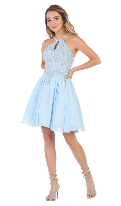 May Queen - MQ1614 Front Keyhole Halter Fit and Flare Cocktail Dress Cocktail Dresses 2 / Baby-Blue