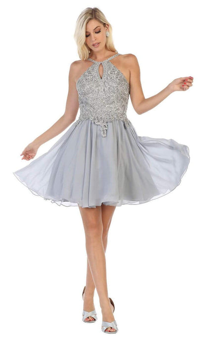 May Queen - MQ1614 Front Keyhole Halter Fit and Flare Cocktail Dress Cocktail Dresses 2 / Silver