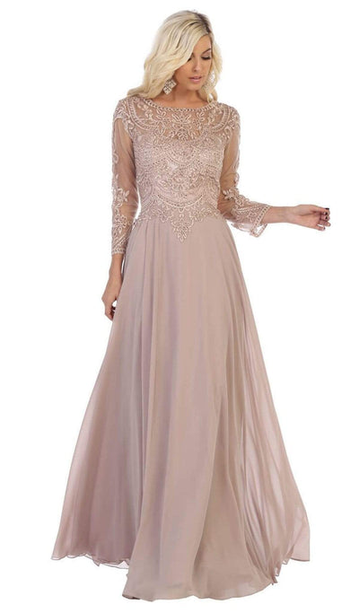 May Queen - MQ1615 Embroidered Long Sleeve Bateau A-line Dress Mother of the Bride Dresses M / Mocha