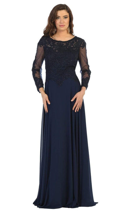 May Queen - MQ1615 Embroidered Long Sleeve Bateau A-line Dress Mother of the Bride Dresses M / Navy