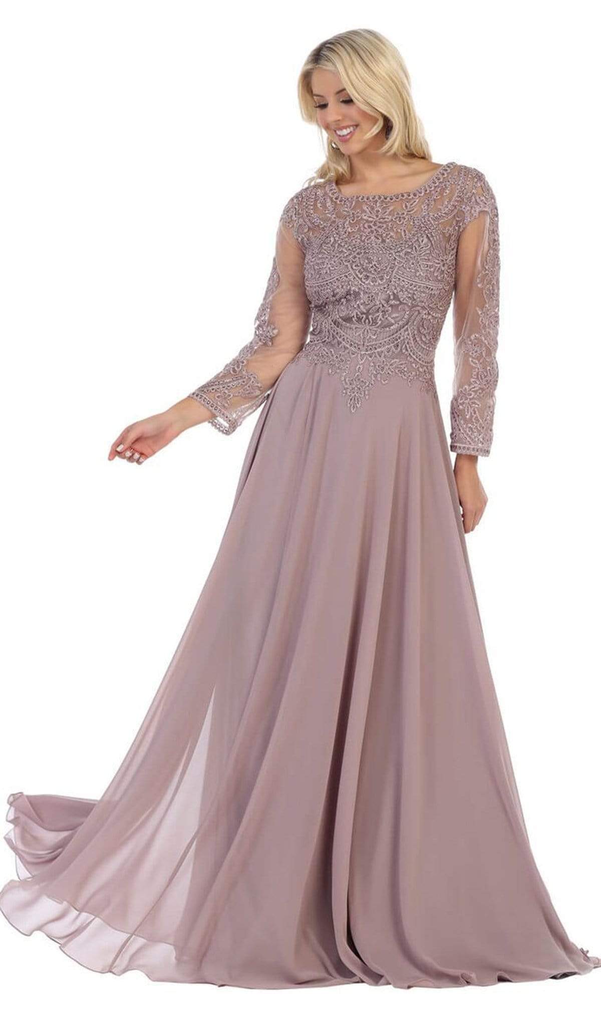 May Queen - MQ1615B Applique Long Sleeve A-line Dress Special Occasion Dress 6XL / Mauve