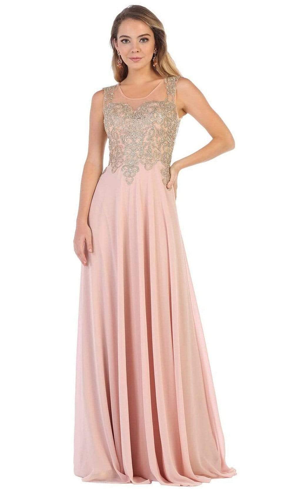 May Queen - MQ1616 Sleeveless Lace Applique Chiffon Long Dress Bridesmaid Dresses 4 / Rose