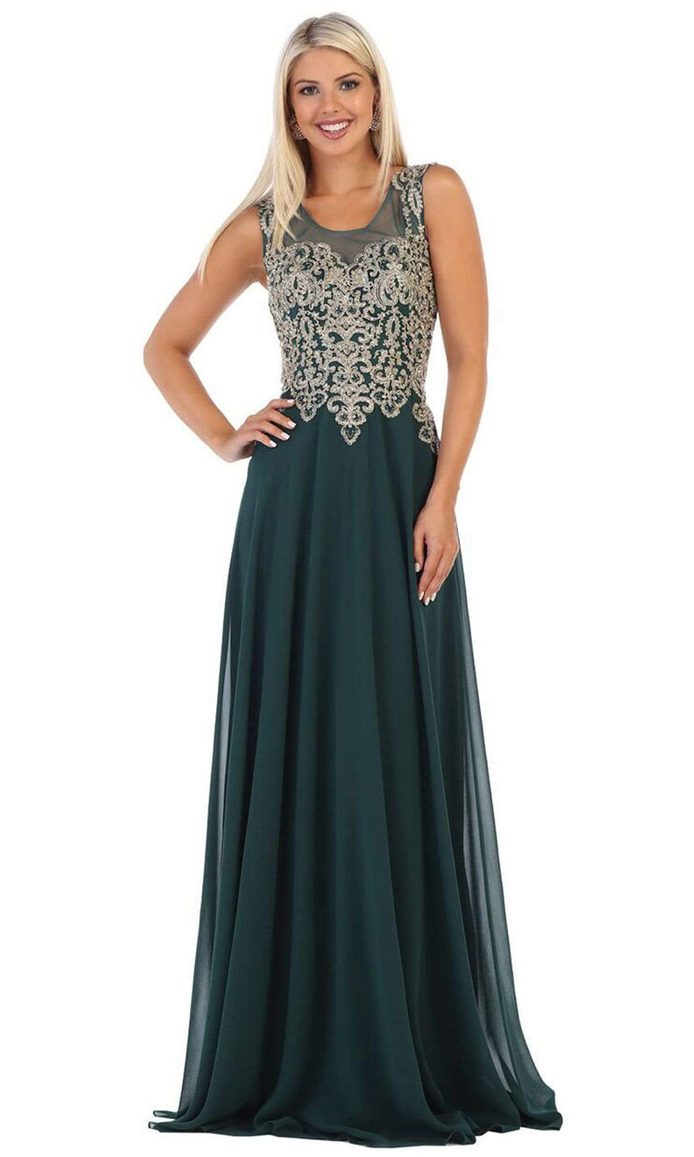 May Queen - Sleeveless Lace Applique Chiffon Long Dress MQ1616 - 1 pc Navy In Size 16 Available CCSALE 20 / Hunter-Grn