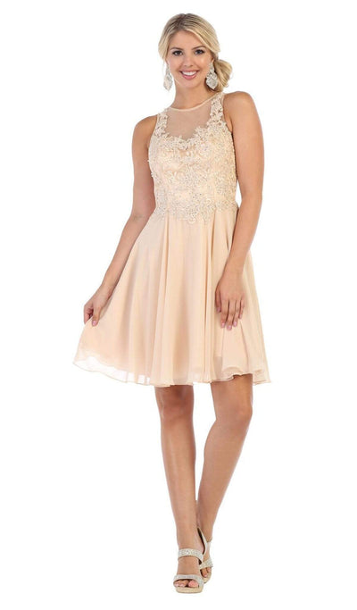 May Queen - MQ1618 Embroidered Illusion Halter A-line Dress Cocktail Dresses 2 / Champagne
