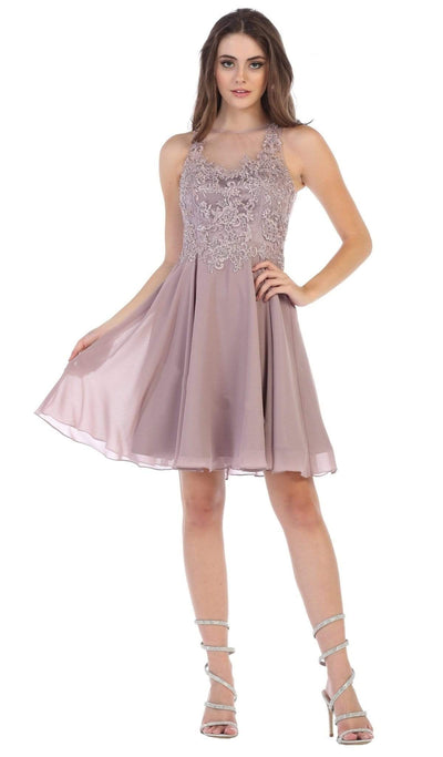 May Queen - MQ1618 Embroidered Illusion Halter A-line Dress Cocktail Dresses 2 / Mauve