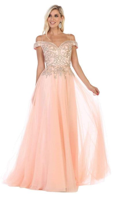 May Queen - MQ1626 Jeweled Applique Bodice Off Shoulder Gown Bridesmaid Dresses 4 / Blush