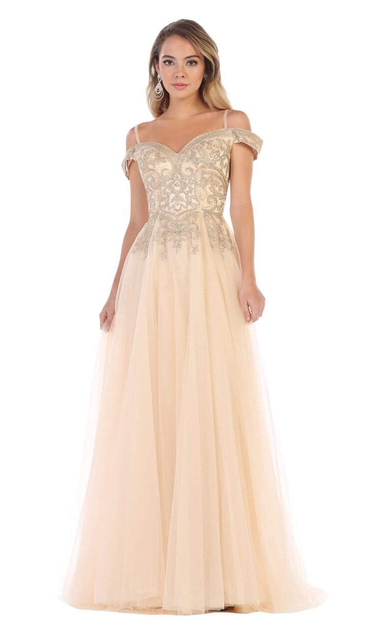 May Queen - MQ1626 Jeweled Applique Bodice Off Shoulder Gown Bridesmaid Dresses 4 / Champagne