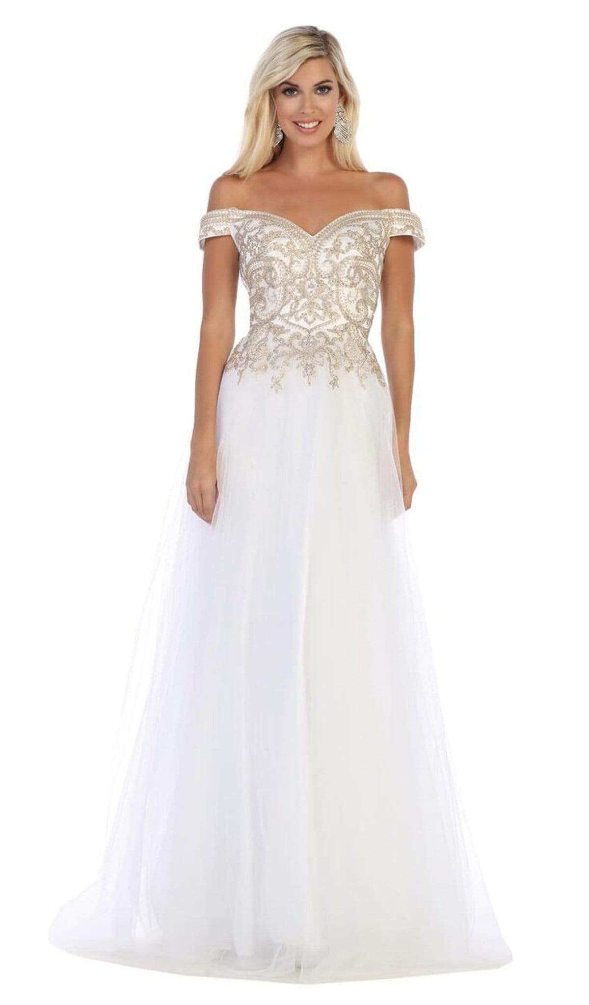 May Queen - MQ1626 Jeweled Applique Bodice Off Shoulder Gown Bridesmaid Dresses 4 / White