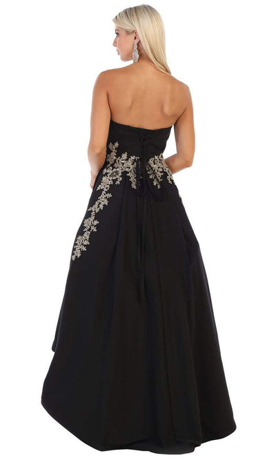 May Queen - MQ1627SC Embroidered Strapless High Low Dress In Black