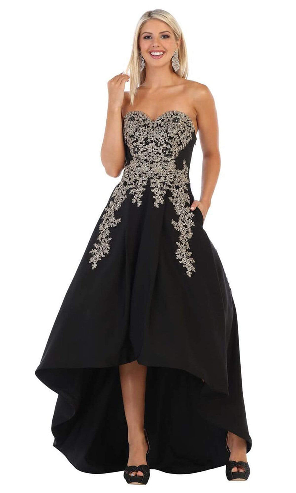May Queen - MQ1627SC Embroidered Strapless High Low Dress In Black