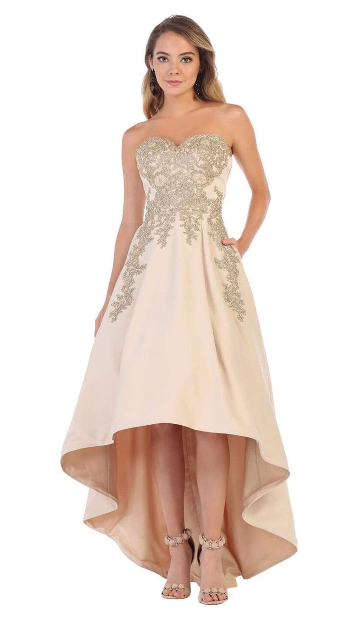 May Queen - MQ1627 Gilt-Appliqued Sweetheart High Low Gown Special Occasion Dress 4 / Champagne