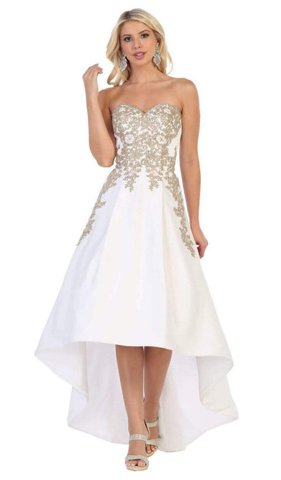 May Queen - MQ1627 Gilt-Appliqued Sweetheart High Low Gown Special Occasion Dress 4 / White