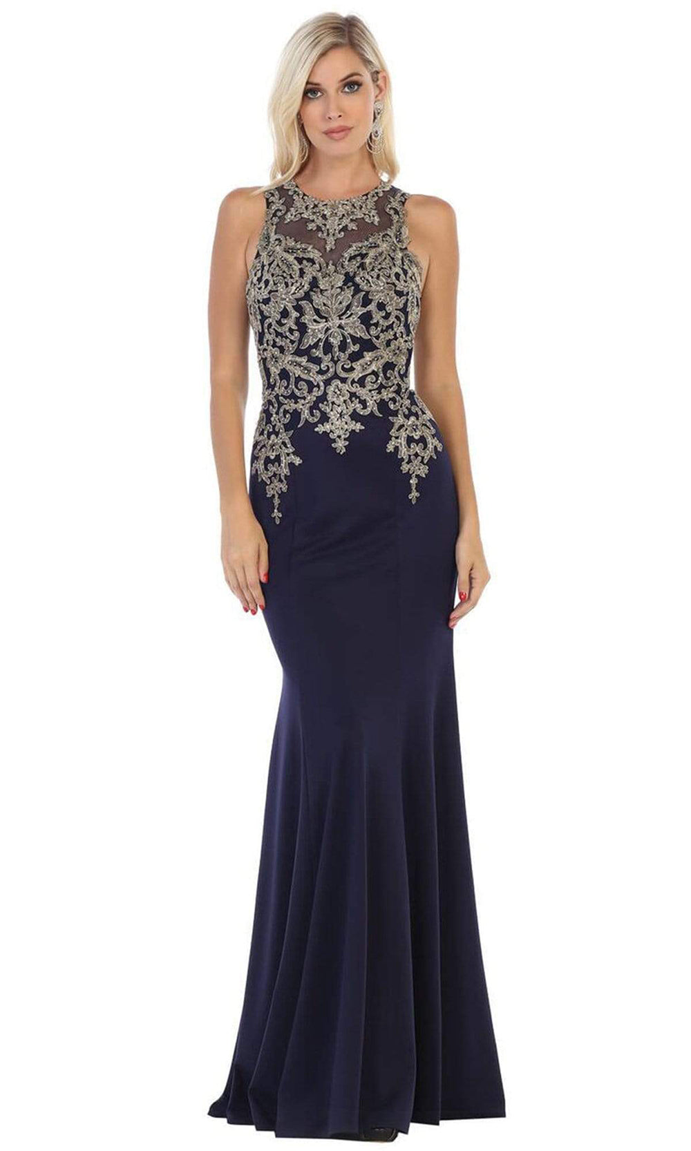May Queen - MQ1629SC Embellished Fitted Sheath Evening Gown In Blue and Gold