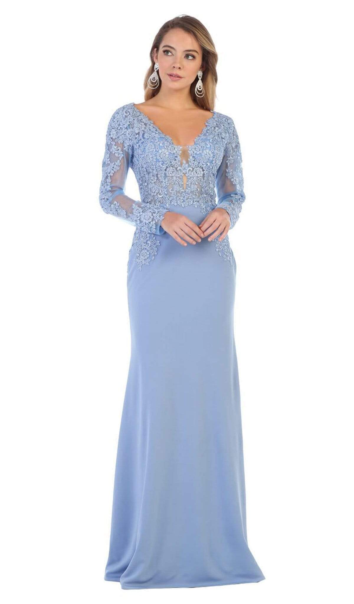 May Queen - MQ1630 Lace Appliqued Plunging V-Neck Gown Bridesmaid Dresses 4 / Perrywinkle