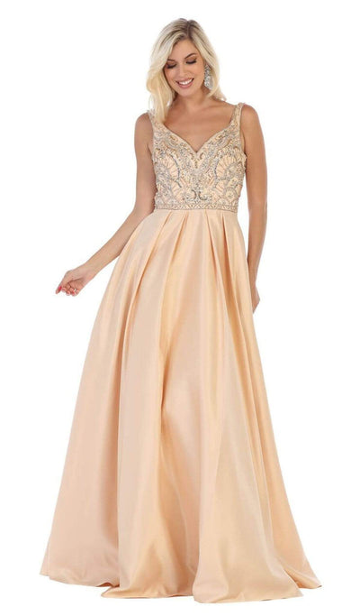 May Queen - MQ1632 Beaded V-Neck Pleated Ballgown Bridesmaid Dresses 4 / Champagne