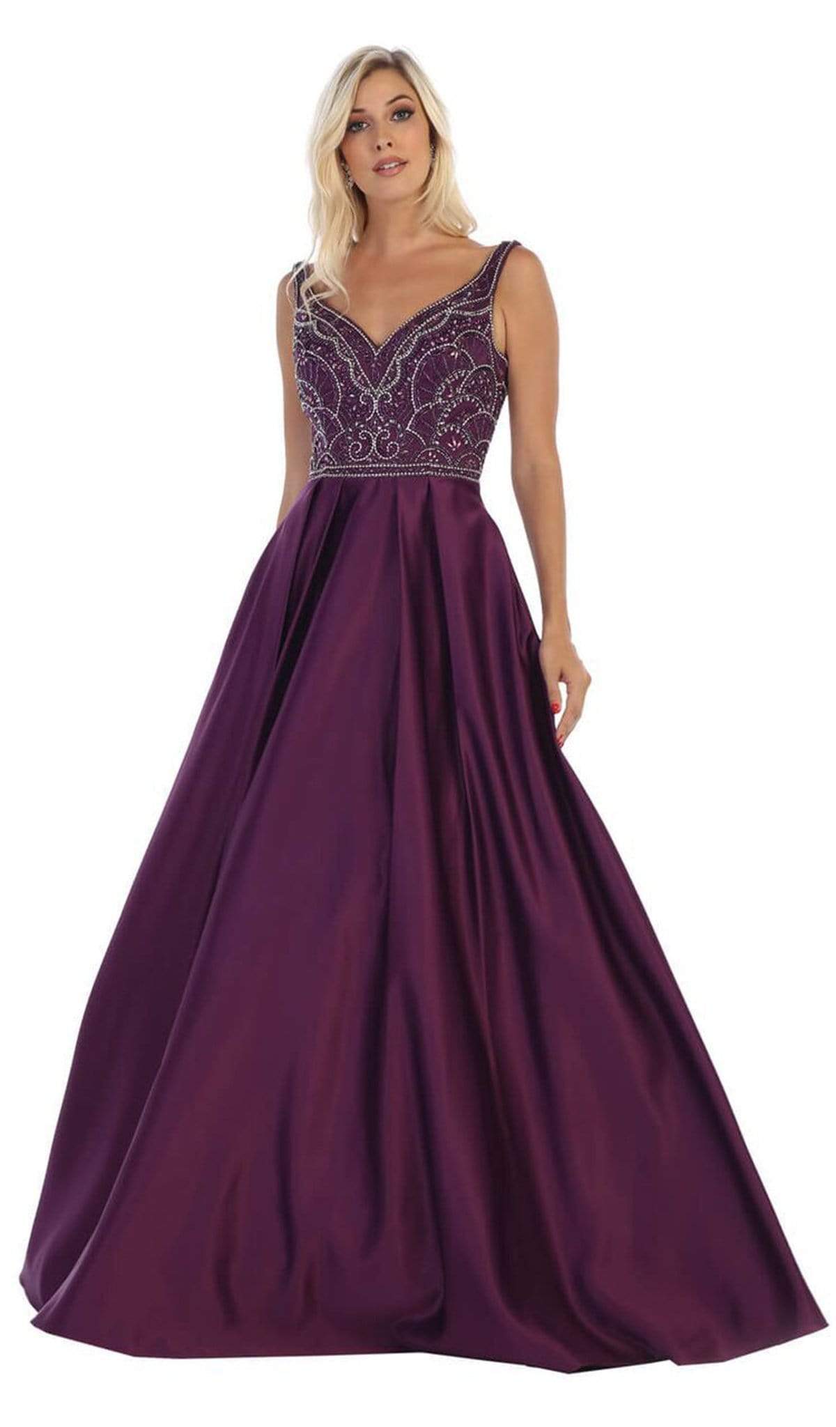 May Queen - MQ1632 Beaded V-Neck Pleated Ballgown Bridesmaid Dresses 4 / Eggplant