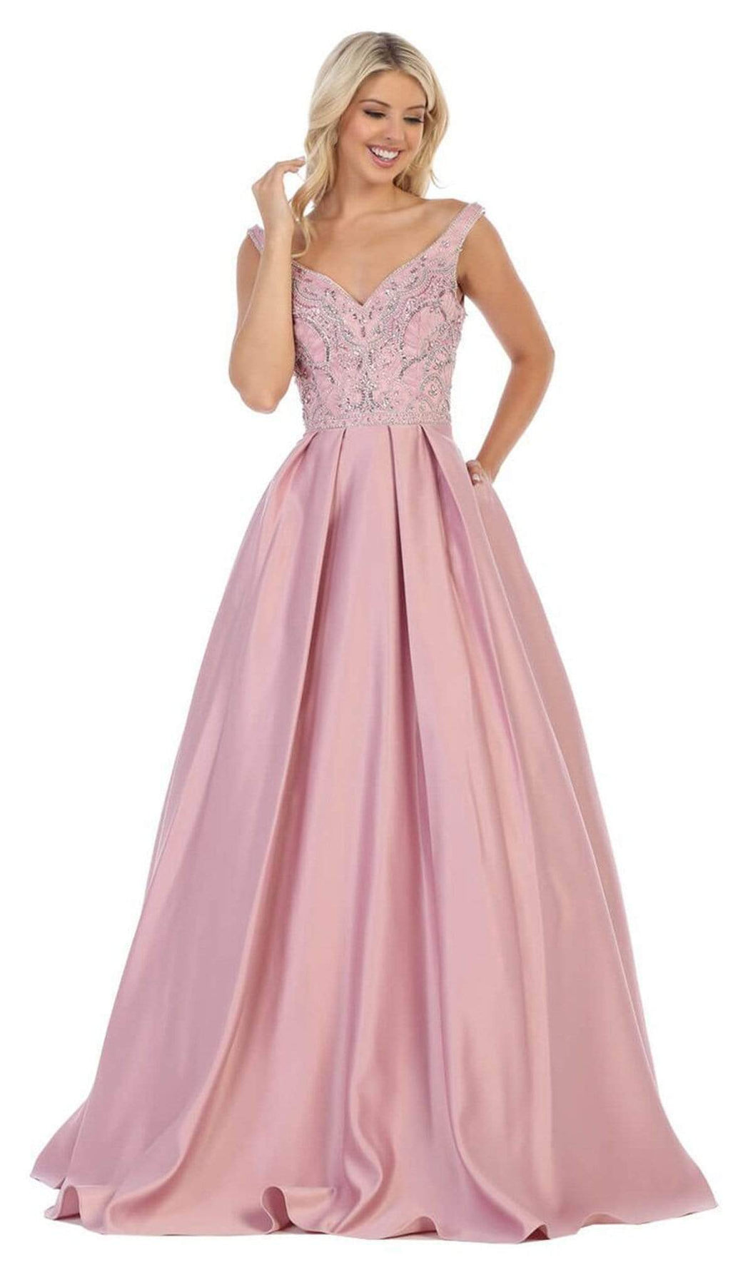May Queen - MQ1632 Beaded V-Neck Pleated Ballgown Bridesmaid Dresses 4 / Mauve