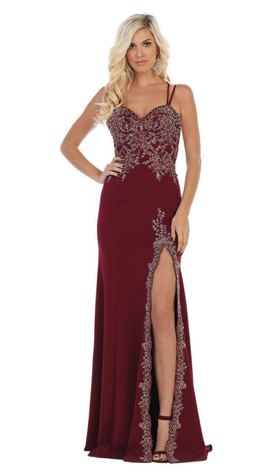 May Queen - MQ1633 Gilded Filigree High Slit Long Gown Bridesmaid Dresses 4 / Burgundy
